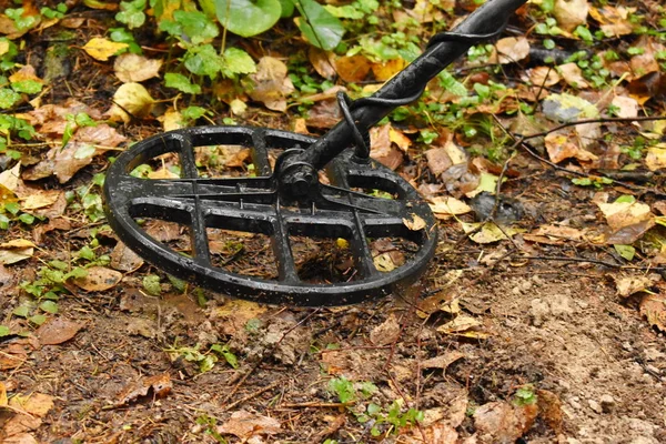 Garçon avec un détecteur de métaux dans la forêt d'automne. hobby masculin — Photo