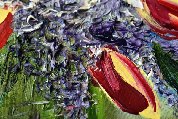 Pintura al óleo hecha a mano Tulipanes y lila en un jarrón en la ventana . — Foto de Stock