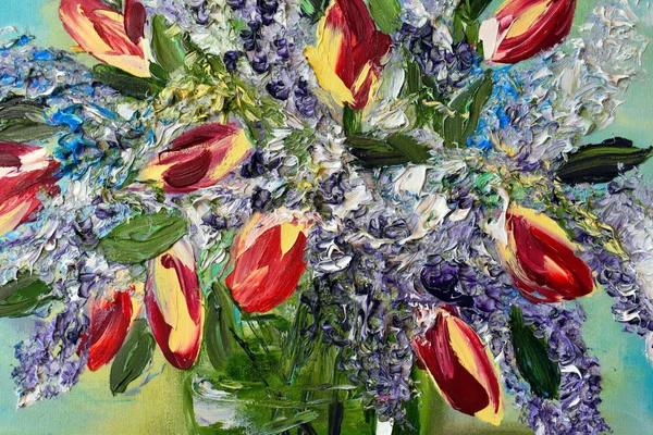 Pintura al óleo hecha a mano Tulipanes y lila en un jarrón en la ventana . — Foto de Stock