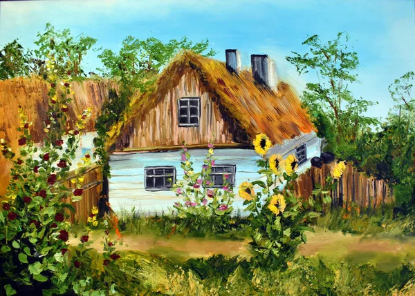 Oil painting Village house. Drawing paints a rustic motif. — ストック写真