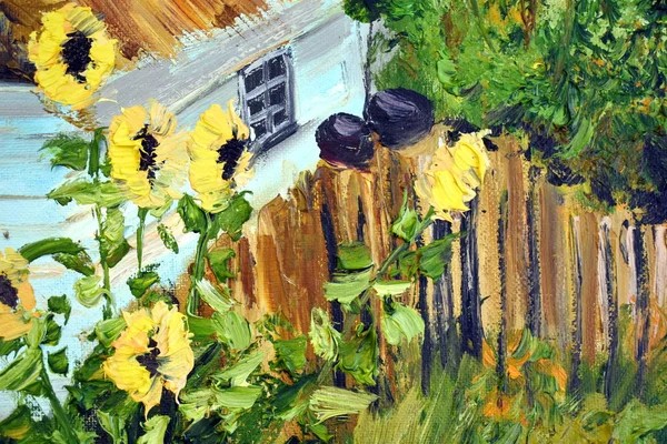 Pintura al óleo Casa de pueblo. Dibujo pinta un motivo rústico . — Foto de Stock