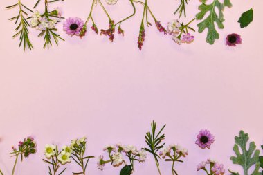 Pastel pembe arka planda taze çiçekler. Kart tasarımını tebrik ederim.