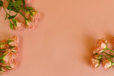 Pembe arka planda, metin için yeri olan yumuşak çiçekler.