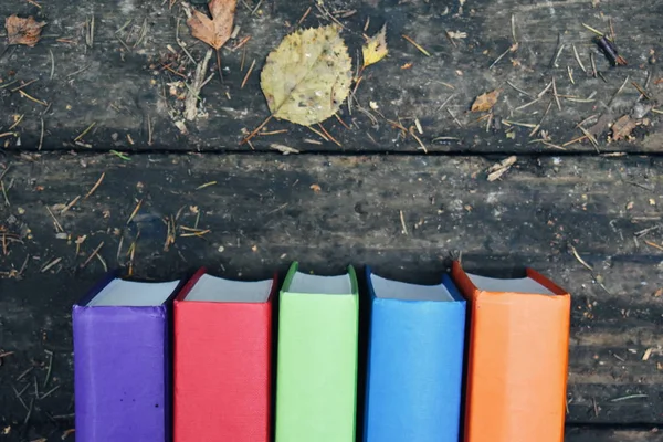 Libros de colores sobre un fondo de madera. Estilo retro con libros . —  Fotos de Stock