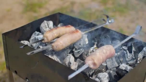 Freír la comida en la parrilla al aire libre. Comida sobre carbones calientes . — Vídeo de stock