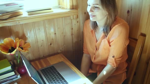 Kvinde i træhus taler på videochat på laptop. Online konsultation . – Stock-video