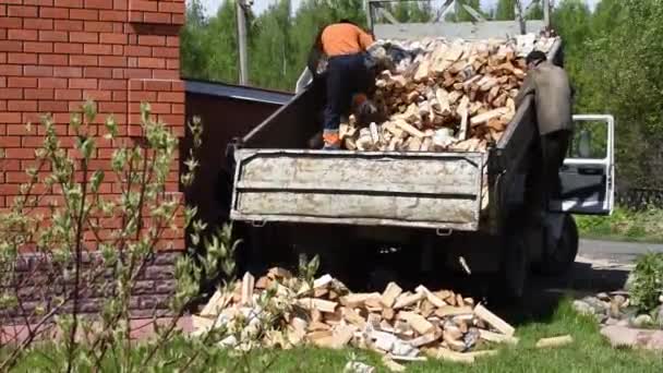 Mannen laden een vrachtwagen uit met een boom voor het verwarmen van een huis in het dorp. — Stockvideo