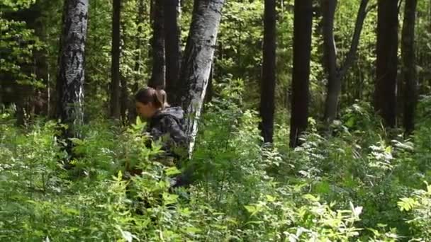 ハイカーの女性は美しい森を歩く。新鮮な空気の中で一人でハイキング. — ストック動画