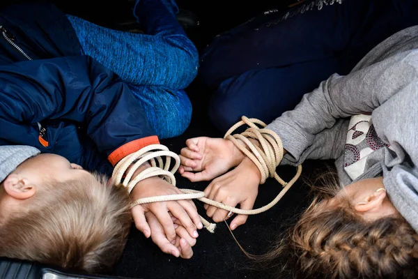 Crimes with children. Victims of children in trunk of car. Illegal Imprisonment — Stock Photo, Image