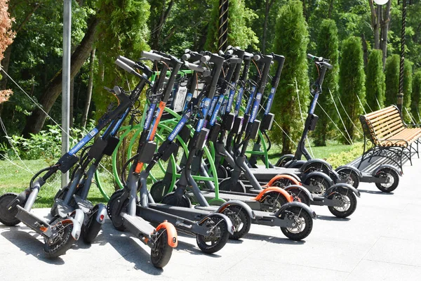 Verhuur van elektrische scooters in het buitenpark. — Stockfoto