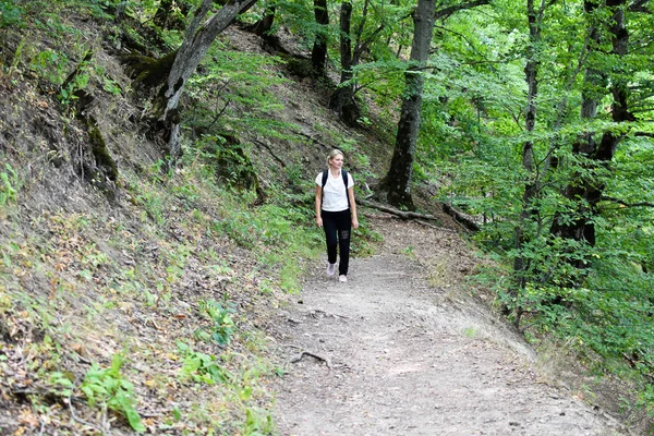 Natureza pitoresca para caminhadas e relaxamento. Mulher turista viaja sozinho. — Fotografia de Stock
