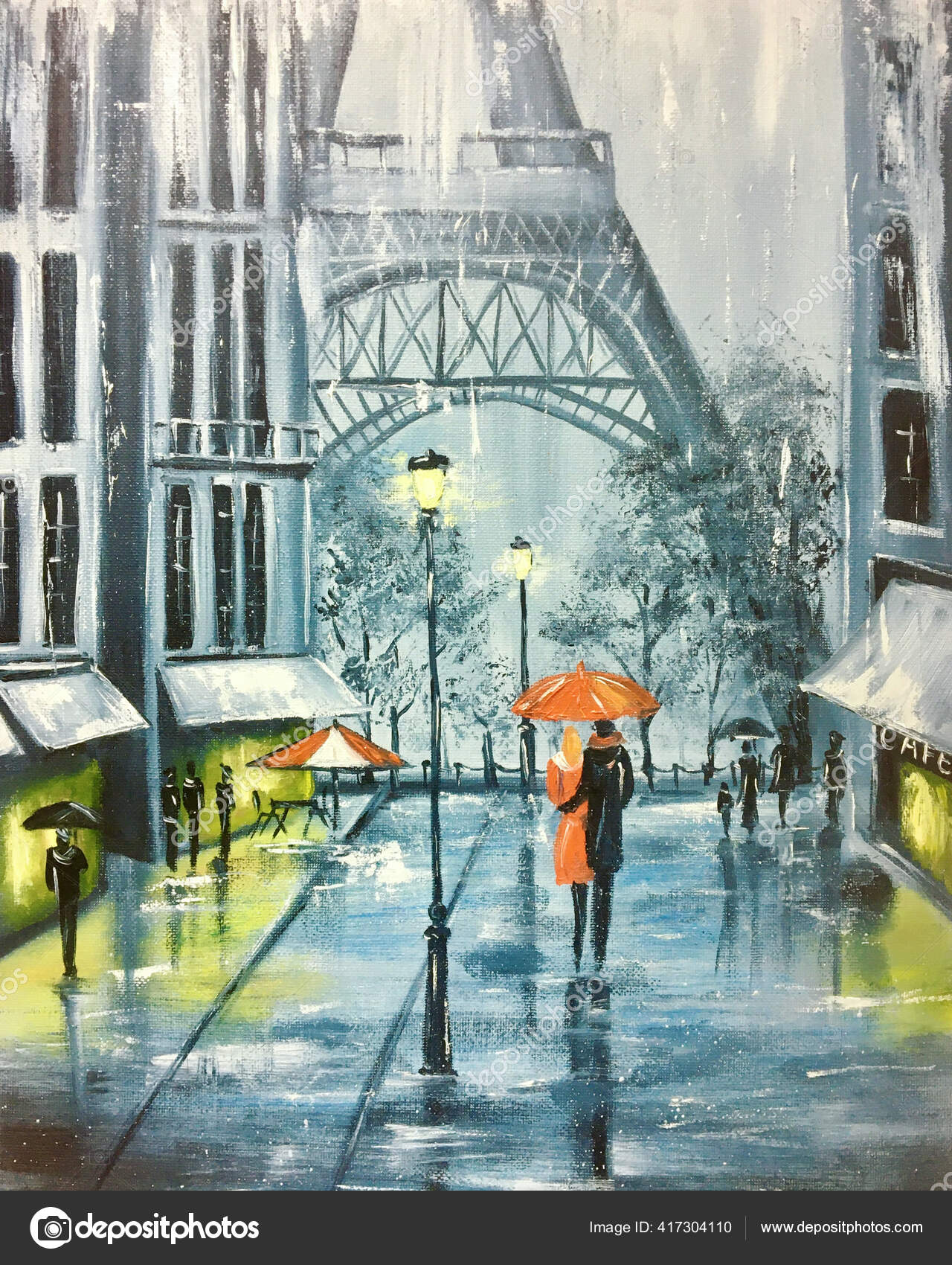 Bad weather in city drawing. Oil painting rain in paris. Stock