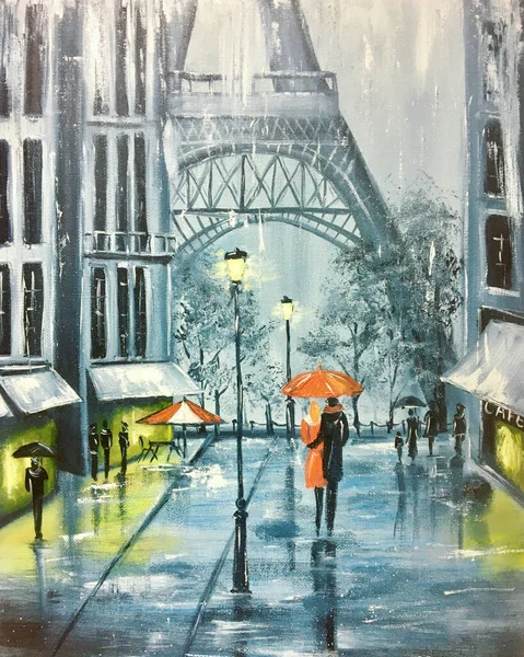 Slecht weer in de stad tekenen. Olieverf regen in Parijs. — Stockfoto