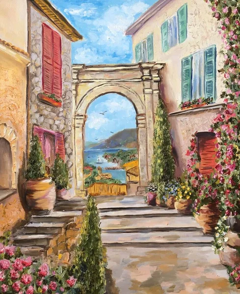 油絵イタリアの中庭。イタリアの古い通りの絵。油彩アーチ — ストック写真