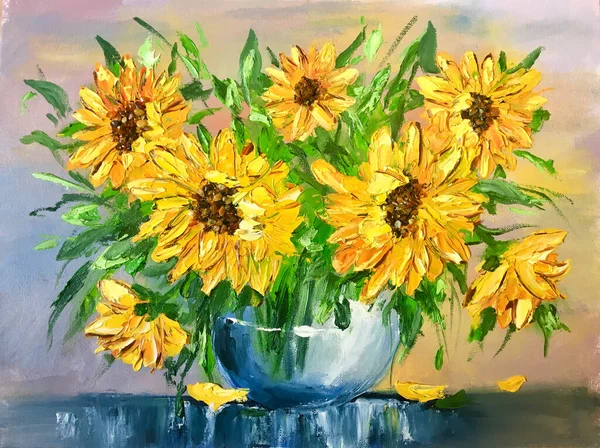 Pintura al óleo flores amarillas. girasoles en un jarrón. Pinturas amarillas al óleo. — Foto de Stock