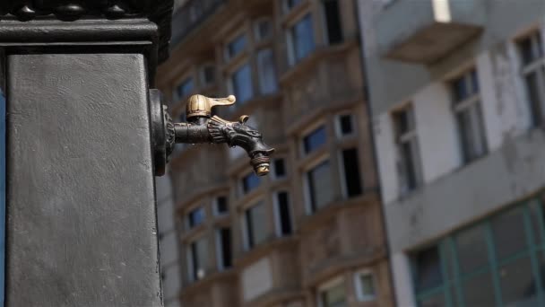 Mann holt Trinkwasser aus altem eisernen Wasserhahn in der Straße der Altstadt. Hände aus nächster Nähe. — Stockvideo