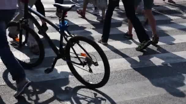 Muita gente está a atravessar a rua numa passadeira. pés close-up — Vídeo de Stock