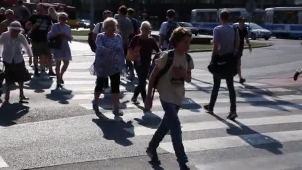 Siluetas de personas cruzan la calle en un cruce peatonal en el centro de la ciudad . — Vídeo de stock
