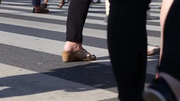 Veel mensen steken de straat over op een kruispunt. voeten close-up — Stockvideo