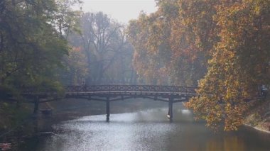 İki insanlar ahşap bir köprüde bir parkta nehrin karşısındaki güzel sonbahar gününde yürüyor.