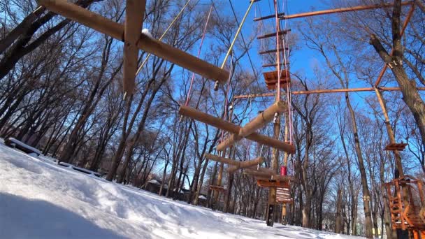 Lege houten kinderen schommels in stadspark op zonnige winterdag. — Stockvideo