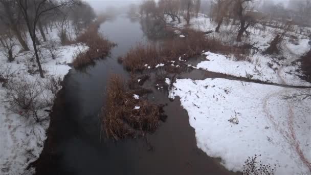 Mist Huidige Rivier Het Park Sneeuw Dooi Lente Bovenaanzicht — Stockvideo