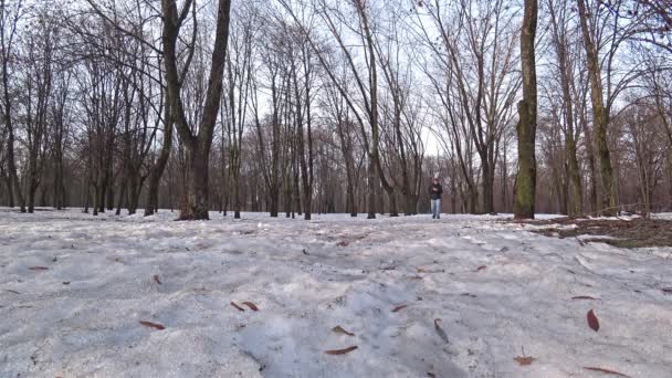 Άνθρωπος Περπατώντας Μέσα Από Ένα Χιονισμένο Πάρκο Μιας Χειμερινής Μέρας — Αρχείο Βίντεο