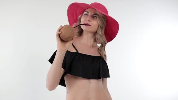 Portrait Young Attractive Woman Dressed Black Swimwear Coral Hat Drinking — Stock Video