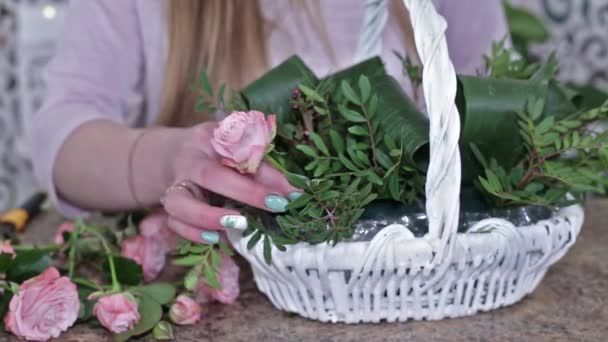 女花匠在白色篮子里做美丽的玫瑰花束 — 图库视频影像