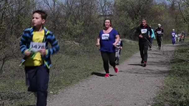 クリヴィイ ウクライナ 2019年4月 アマチュアアスリートのグループがクロスカントリーロードを走る列車 健康的なライフスタイルを求める人々 — ストック動画