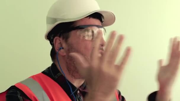 Caucasian Unshaven Man Worker Dressed Reflective Vest Protective Glasses White — Stock Video