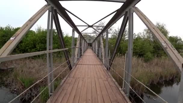 Περπατώντας Στην Παλιά Γέφυρα Διασχίζοντας Ένα Ποτάμι Ένα Πάρκο Pov — Αρχείο Βίντεο