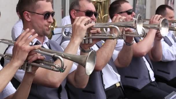 Volksmusiker Spielen Blasinstrumente Städtischen Orchester Bei Festkonzert Unter Freiem Himmel — Stockvideo