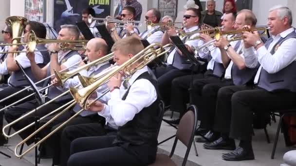 Pessoas Músicos Sentados Tocar Instrumentos Sopro Orquestra Municipal Realizando Concerto — Vídeo de Stock