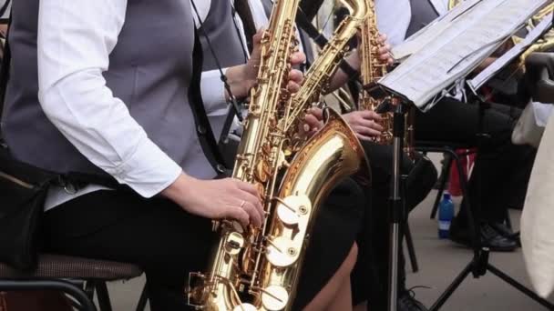 Vrouwelijke musici spelen saxofoons in gemeenteorkest en treden op tijdens feestelijk concert in de open lucht. — Stockvideo