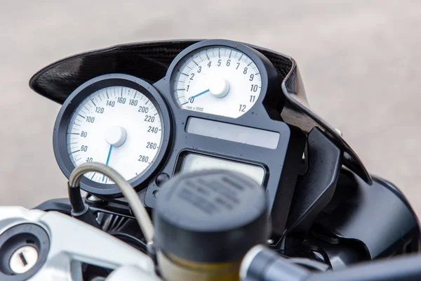 Speedometer On Motorcycle Dashboard. Close Up Modern Control Panel Motorcycle.