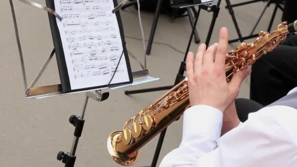 Hombre músico tocar instrumento de viento en la orquesta municipal actuando en concierto festivo al aire libre. — Vídeo de stock