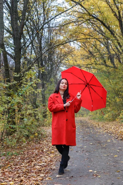 Sonbahar Günü Kırmızı Şemsiyeli Bir Şehir Parkında Kırmızı Ceketli Güzel — Stok fotoğraf