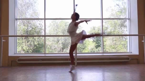 Jovem Bailarina Fina Vestido Branco Dançando Perto Uma Grande Janela — Vídeo de Stock