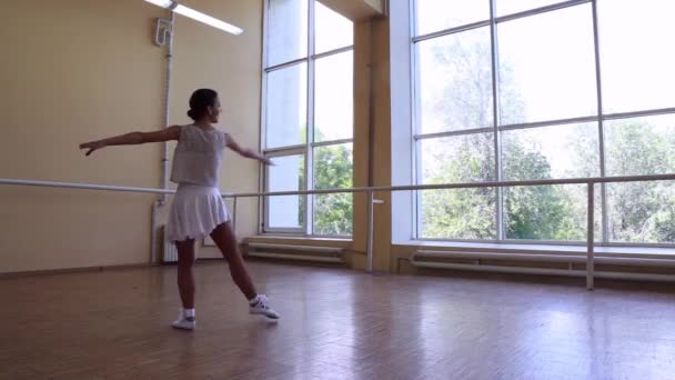 Young Thin Ballerina White Dress Dancing Big Window — Stock Video