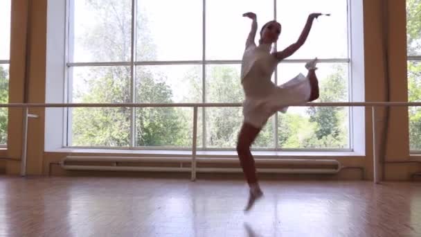 Young Thin Ballerina White Dress Dancing Big Window — Stock Video