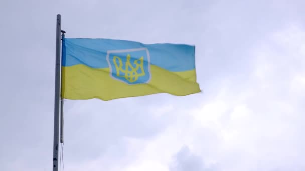 Bandera Ucrania Con Tridente Sobre Fondo Cielo Azul Día Ventoso — Vídeos de Stock