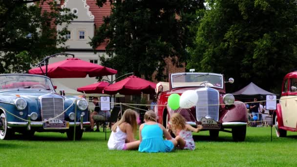 Kleine Mädchen sitzen auf grünem Gras und spielen an einem sonnigen Sommertag auf der Ausstellung der Retro-Motorshow — Stockvideo