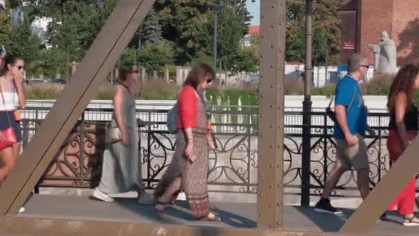 Група туристів, які ходять мостом у староєвропейському місті — стокове відео