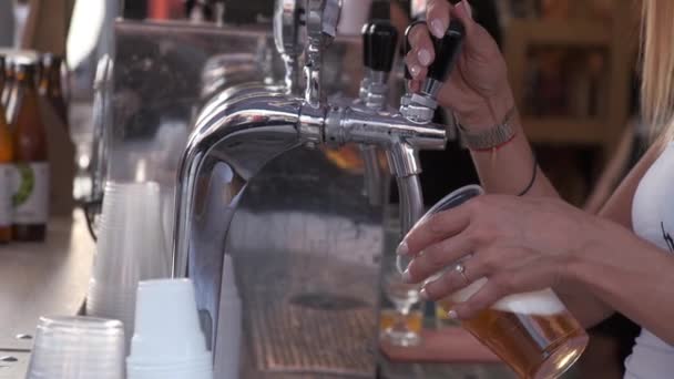 Mujer vierte cerveza artesanal de un grifo en una taza de plástico — Vídeo de stock