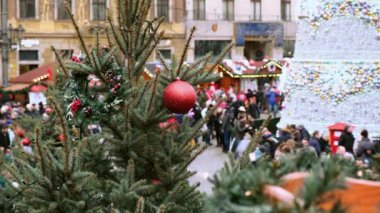 Eski bir şehir meydanındaki Noel şenliğinde süslenmiş doğal bir yeni yıl ağacı..