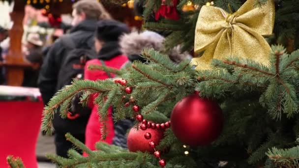 在一个城市的集市上 一个红色的圣诞球和花环挂在一棵天然的圣诞树上 成群的人在节日广场上散步 — 图库视频影像