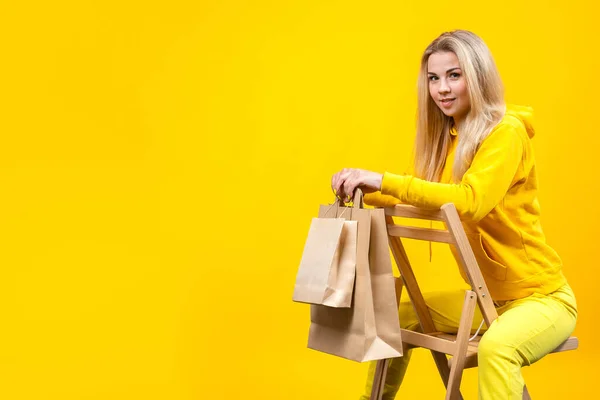 Portrait Young Nice Caucasian Blonde Woman Paper Eco Bags Yellow — Stock Photo, Image