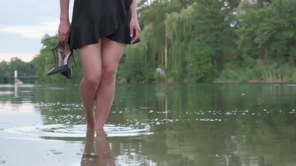 Schöne Junge Frau Einem Kurzen Schwarzen Kleid Die Einem Sommertag — Stockvideo