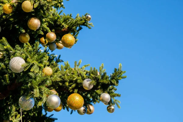 야외에 크리스마스 가지에는 날씨에 배경을 이루는 황금색과 흰색의 장식과 복장이 — 스톡 사진